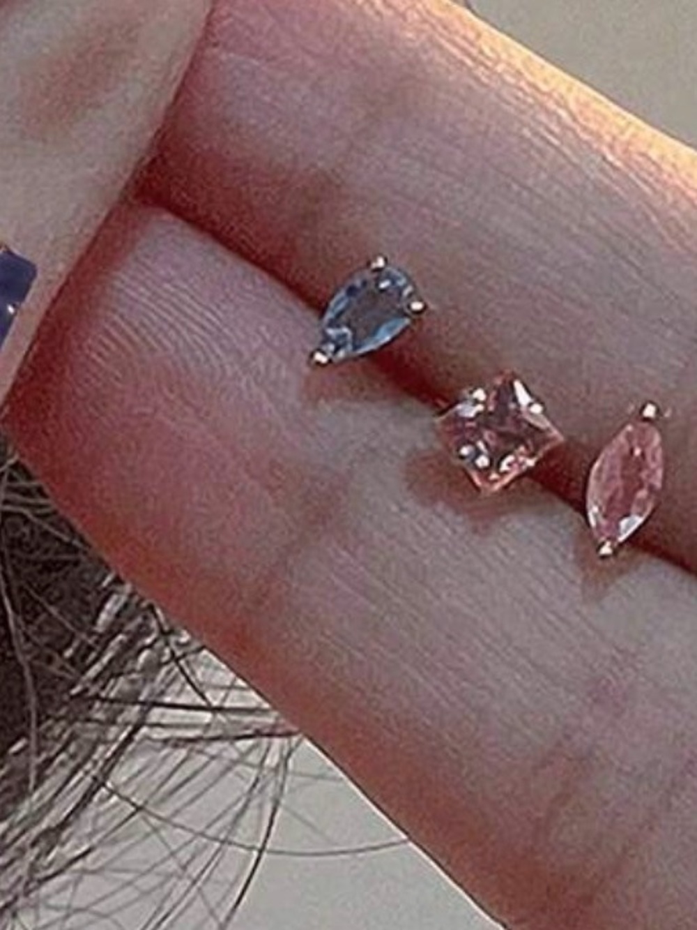Gold Stud Earrings set with Blue and Pink Gemstones - 5 mix and match studs